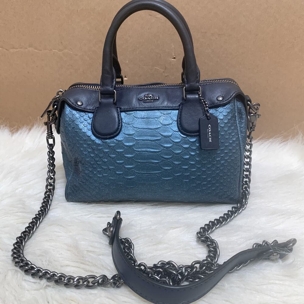 Coach Metallic Teal Blue Textured Satchel with Gunmetal Chain